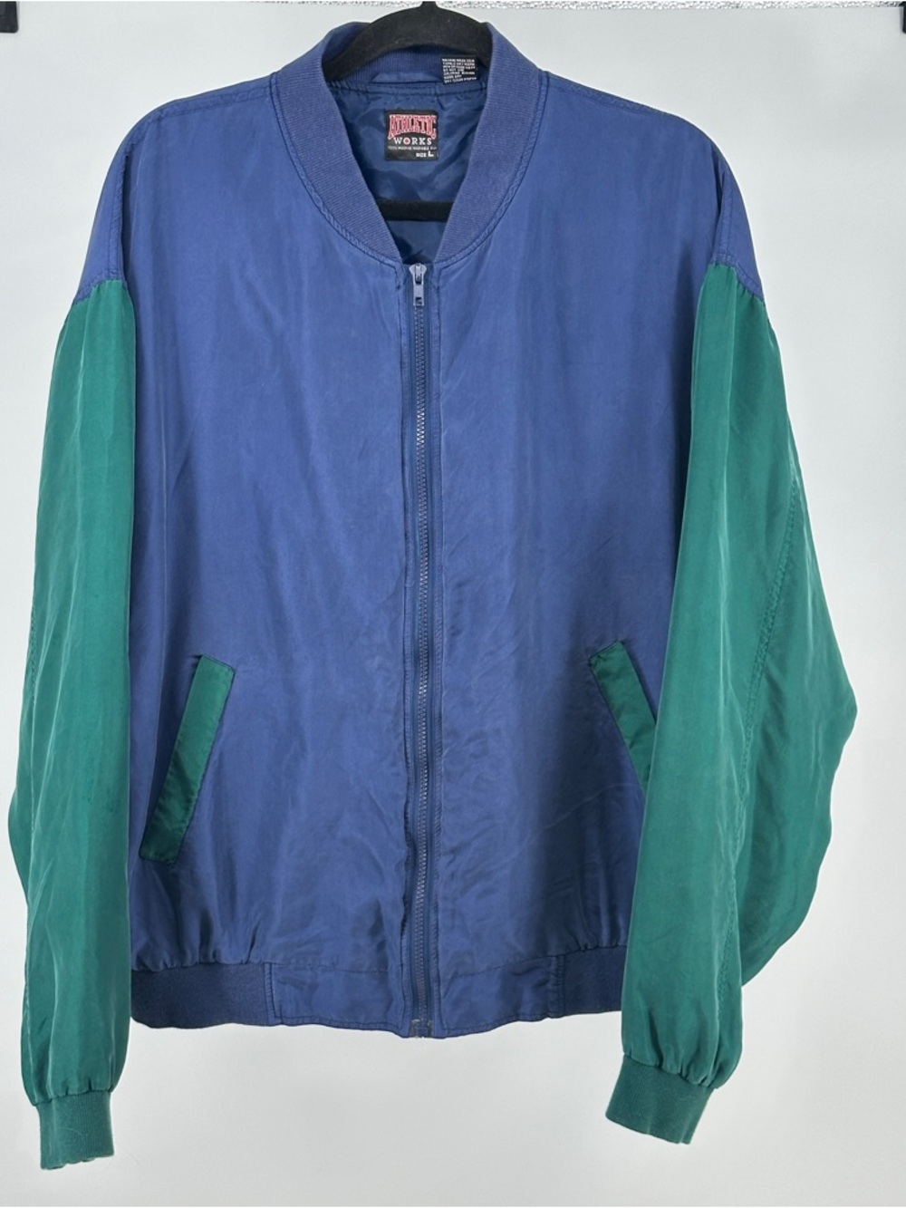 Women’s‎ Large Athletic Works Blue and Green Silk Varsity  Bomber Jacket Vintage